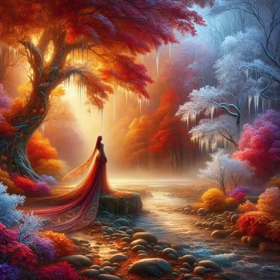 The primary subject of the image is a woman dressed in a red gown, standing in front of a tree. The setting is a forest with a river flowing nearby. The visual style is digital art, and the colors and mood are warm and inviting.